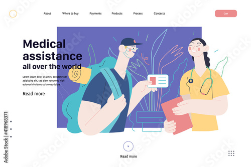 Medical insurance web page template -medical assistance all over the world -modern flat vector concept digital illustration -traveller applying to local clinic for medical help, part of insurance plan