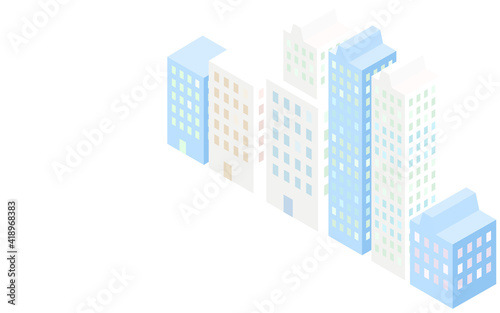高層ビルが横に並ぶイラスト、アイソメトリック