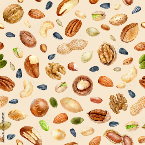 Watercolor seamless pattern nuts on a color background.
