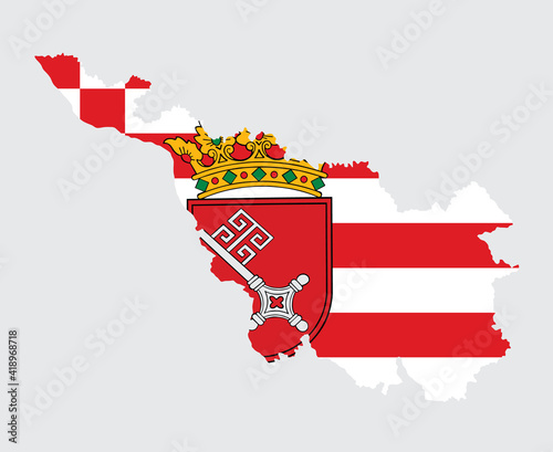 Bremen map flag with coat of arms of Bremen city and state, Germany, vector illustration isolated. Bremen map silhouette vector.