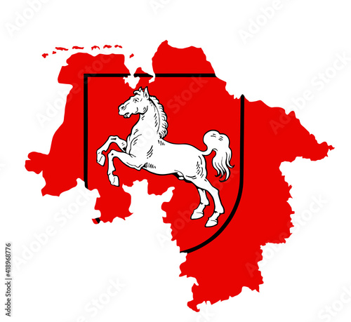 Coat of arms over map of Lower Saxony, German. Vector map of Lower Saxony silhouette illustration isolated on white background. Province in Germany, Niedersachsen. 