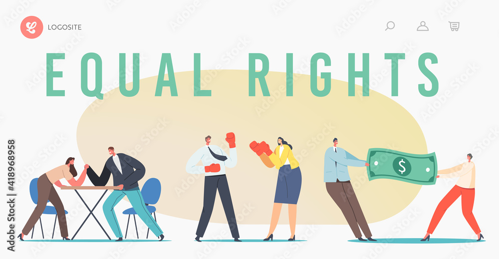 Man and Woman Struggle for Equal Gender Rights Landing Page Template. Male Female Characters Arm Wrestling Battle