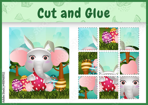 Children board game cut and glue themed easter with a cute chick elephant bunny ears headbands hugging eggs