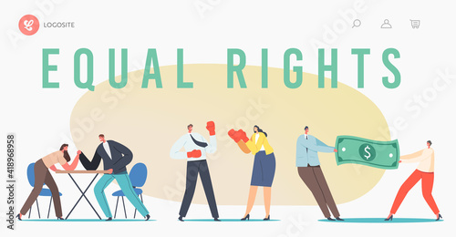 Man and Woman Struggle for Equal Gender Rights Landing Page Template. Male Female Characters Arm Wrestling Battle