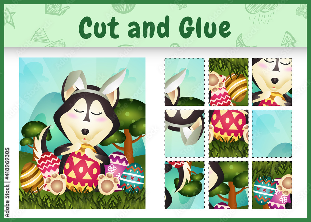 Children board game cut and glue themed easter with a husky dog chick using bunny ears headbands hugging eggs Children board game cut and glue themed easter with a husky dog chick using bunny ears headbands hugging eggs