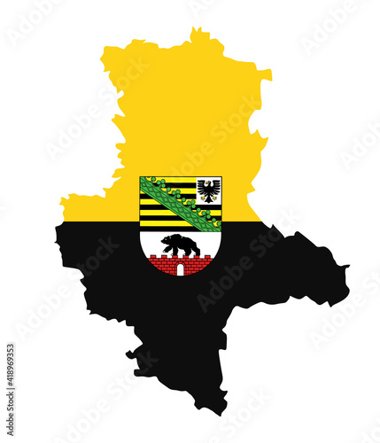 Coat of arms of Saxony-Anhalt, German. Vector Map and flag of  Sachen Anhalt map silhouette illustration isolated on white background. Province in Germany.  photo
