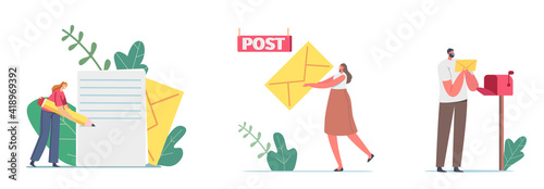 Characters Writing, Sending or Getting Post Mails Messages Concept. Tiny Woman Hold Huge Yellow Envelope