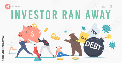 Business Investor Characters Run Away from Pathogen Cells Landing Page Template. Bear Market at Covid-19 Pandemic