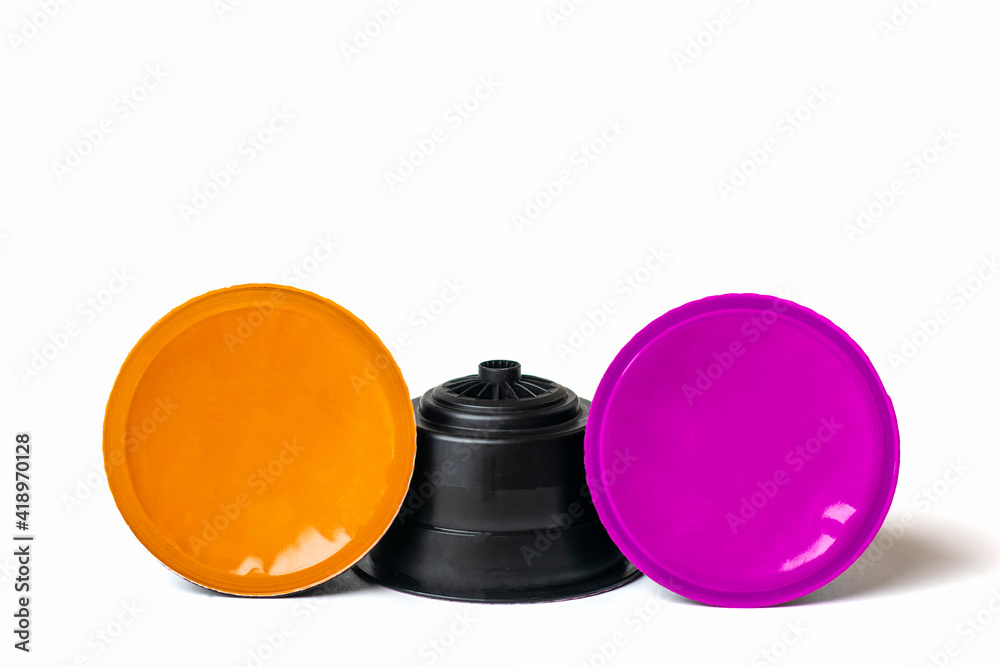 set of coffee capsules, roasted beans isolated on white background Top view Flat lay Drink obtained from dosed capsule with roasted, ground and compressed natural coffee set of coffee capsules, roasted beans isolated on white background Top view Flat lay Drink obtained from dosed capsule with roasted, ground and compressed natural coffee