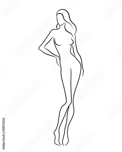 Silhouette of a beautiful nude woman, vector illustration. Female body line art. Fashion model posing. Beauty logo design element.
