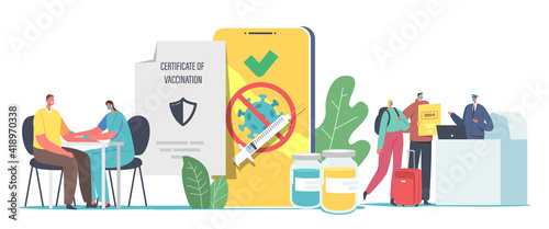Vaccination for Travelers, Covid Immune Medical Certificate Concept. Characters Getting Vaccine for Health Passport