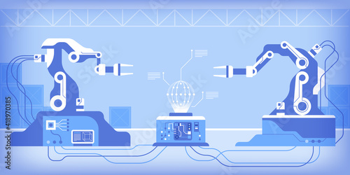 Mechanical robot arms working on automated production or research laboratory