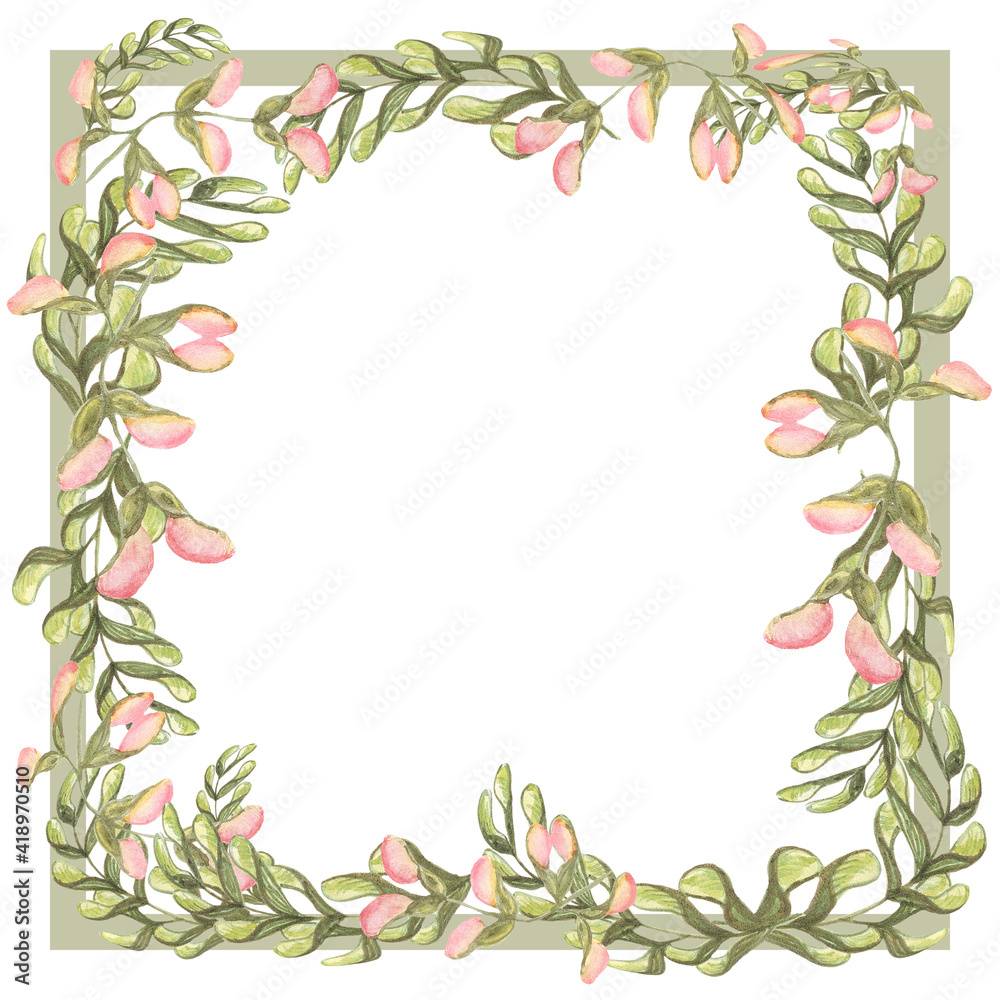 The frame is square made of different green leaves painted in watercolor, floral frame decor