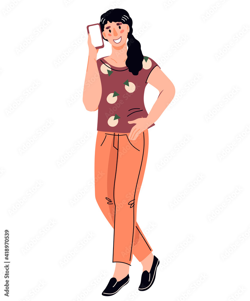 Young woman standing full length and talking phone, flat cartoon vector illustration isolated on white background. Communication and using smartphone connection. Young woman standing full length and talking phone, flat cartoon vector illustration isolated on white background. Communication and using smartphone connection.