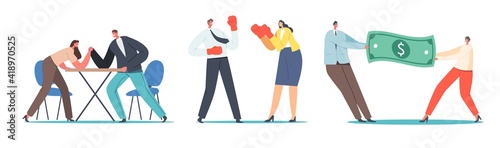 Man and Woman Struggle Concept. Male and Female Characters Arm Wrestling Battle, Fight in Boxing Gloves, Competition