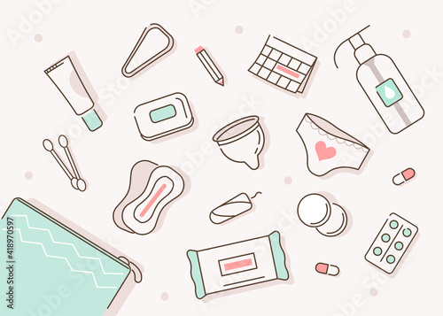 Cosmetic Bag with Female Hygienic and Skin Care Products around. Pad, Menstrual Cup, Tampons and other Health Care Cosmetic. Feminine Intimate Hygiene for Period. Flat Cartoon Vector Illustration.