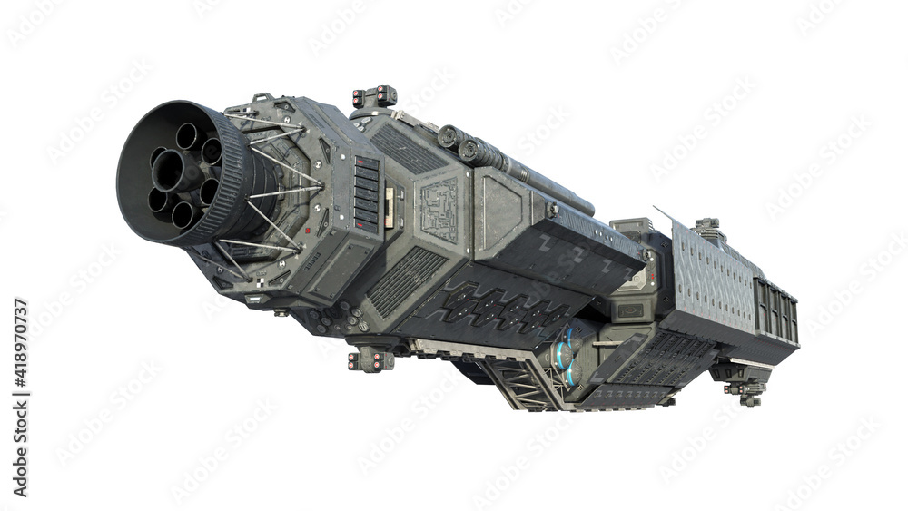 Spaceship, alien UFO spacecraft in flight isolated on white background, rear view, 3D rendering Spaceship, alien UFO spacecraft in flight isolated on white background, rear view, 3D rendering