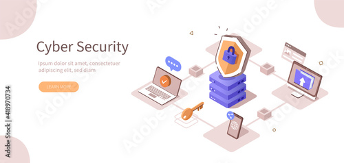 Various Devices Secure Connected to Data Center with Cloud Computing Technology. Cyber Security and Personal Data Protection Concept. Flat Isometric Vector Illustration.