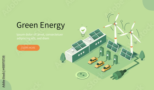 Modern Eco Industry with Windmills, Solar Energy Panels and Electric Car near Charging Station. Eco Power Station with Green Renewable and Solar Energy. Flat Isometric Vector Illustration.