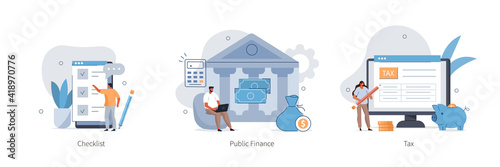 Various Finance Icons. Characters Calculating and Filling Tax From, Analyzing Public Financial Data, Putting Check Mark on Checklist. Finance Audit Concept. Flat Cartoon Vector Illustration.