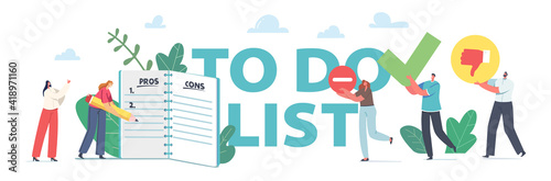 People Filling To Do List. Tiny Business Characters Stand at Huge Notebook with Checklist Fill Pros and Cons, Decision