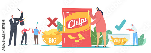 Fake Packaging Marketing Tricks Concept. Tiny Male and Female Characters at Huge Bowls with Potato Chips