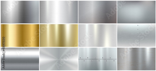 Set of realistic metal textures: brushed steel, silver and golden surfaces templates