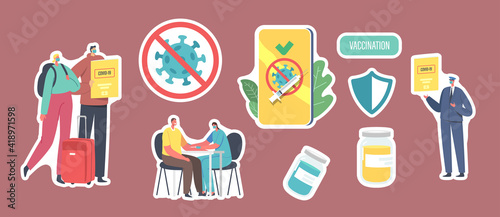 Set of Stickers Vaccination for Travelers, Covid Immune Medical Certificate Theme. People, Luggage and Health Passport
