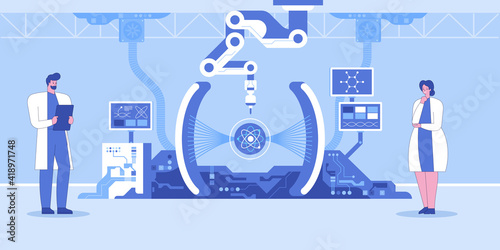 Science laboratory interior with robotic technology. Team of scientist physicist research atom