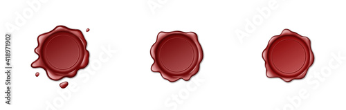 Stamp wax seal icons set on white background. Realistic empty red sealing wax for stamps labels