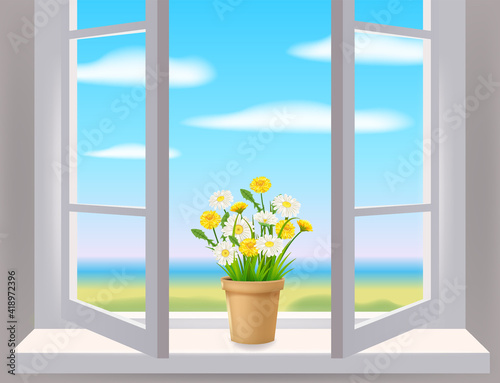 Open window in interior, view on landscape, spring, flower pot with flowers daisy and dandelions on windowsill. Vector illustration template, isolated realistic, banner