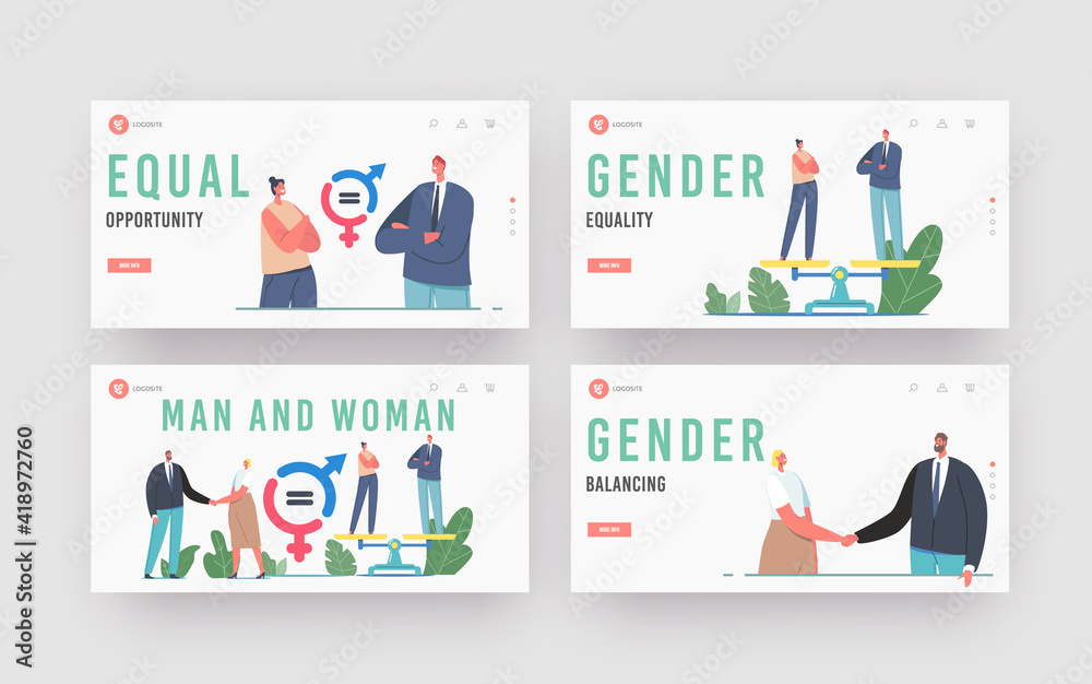 Gender Sex Equality and Balance Landing Page Template Set. Male Female Business Characters Shaking Hands, Equal Salary