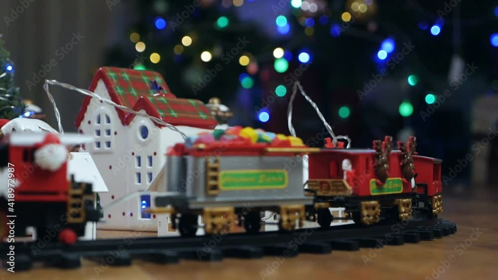 Toy Train Rides Around New Year City Christmas Or Christmas Decoration