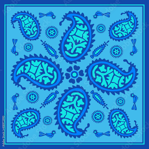 Blue bohemian decorative decor. Georgian traditional ornaments. Art decor boho style