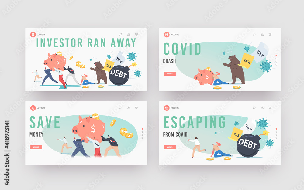 Business Investor Characters Run Away from Pathogen Landing Page Template Set. Bear Market at Covid-19 Pandemic Business Investor Characters Run Away from Pathogen Landing Page Template Set. Bear Market at Covid-19 Pandemic