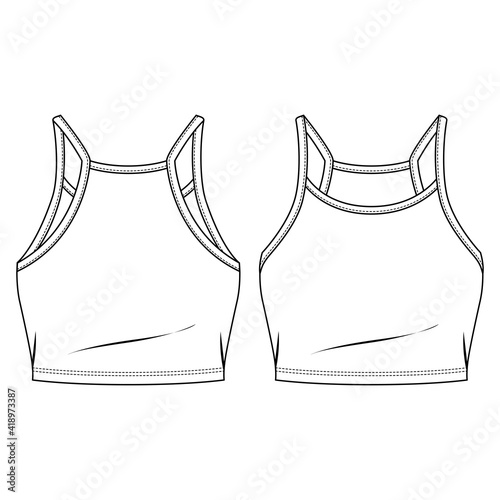 Women Crop Tank Top fashion flat sketch template. Girls Technical Fashion Illustration. Binding Straps