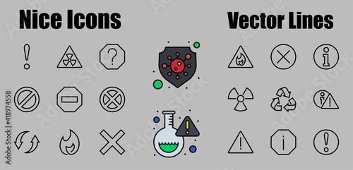 WARNINGS simple set of thin line vector icons. Contains icons such as warning, exclamation mark, reuse, warning sign and more. Editable stroke. Vector illustration