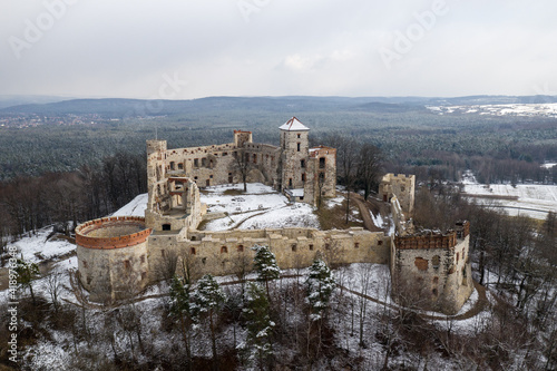 Aerial view of Tenczyn castle. Historic castle and building museum. Winter time in Poland.