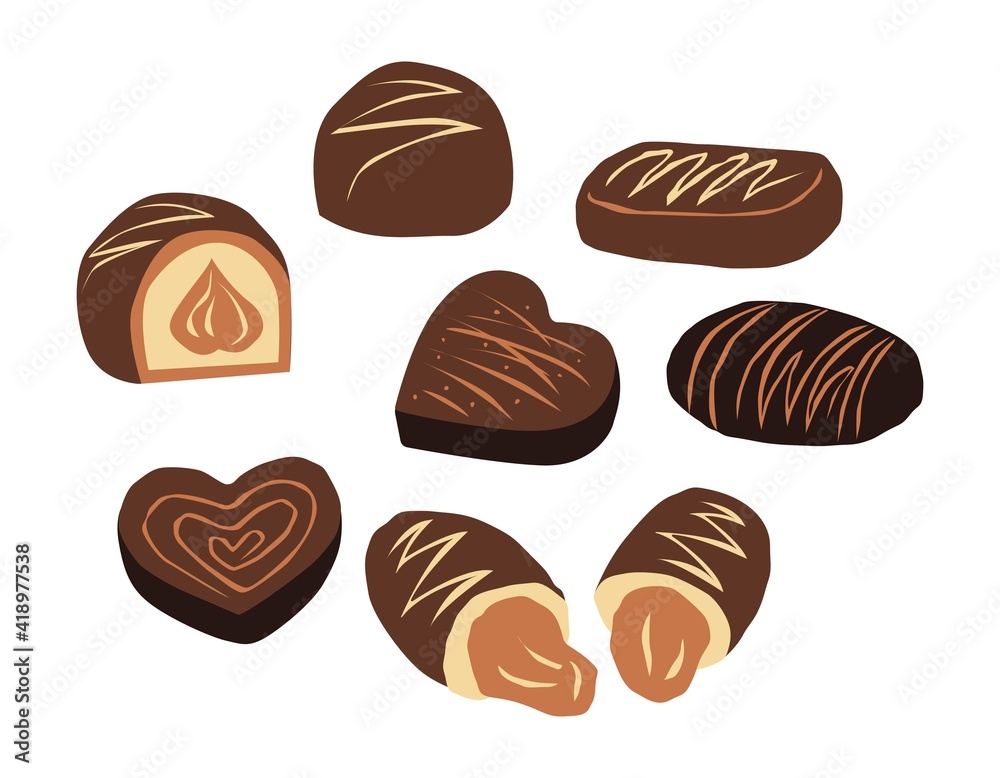 A set of chocolates in various shapes. A set of chocolates in various shapes.