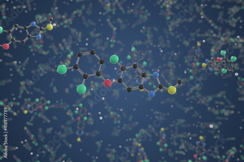 Triclabendazole molecule. Ball-and-stick molecular model. Chemistry related 3d rendering