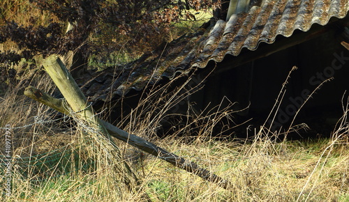 An old wooden cattle shelter with an asbestos roof collapsed. In a winter landscape in the countryside photo