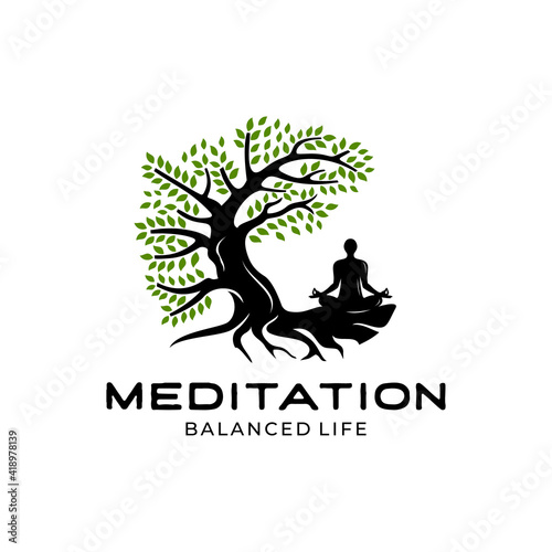 Tree of life with yoga people, meditation logo design inspiration template