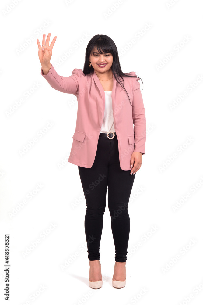 portrait of a woman with finger four mumber over white background portrait of a woman with finger four mumber over white background
