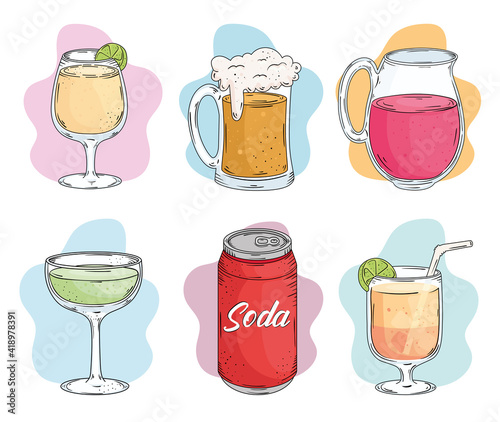 six fresh drinks drawn style
