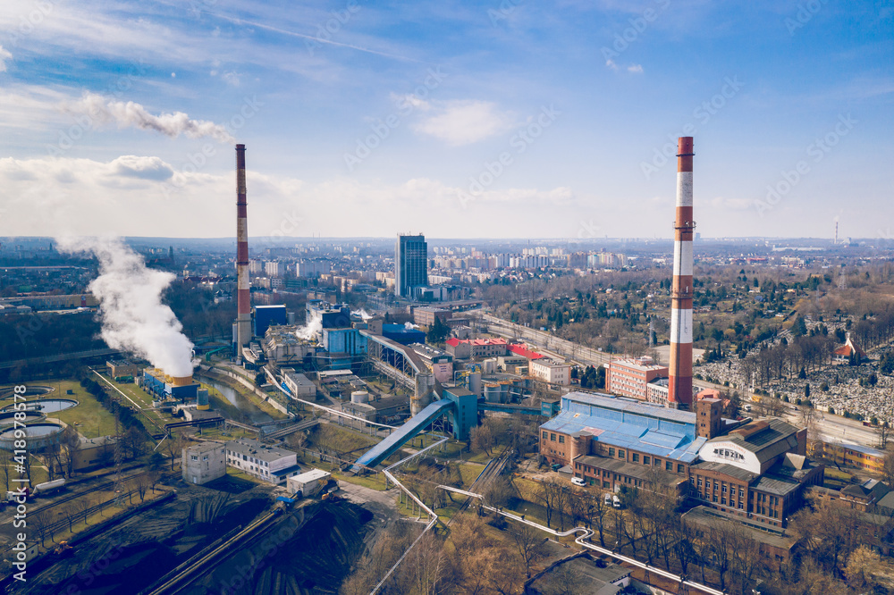 Aerial view of power plant in Sosnowiec, Zagłębie. Poland.