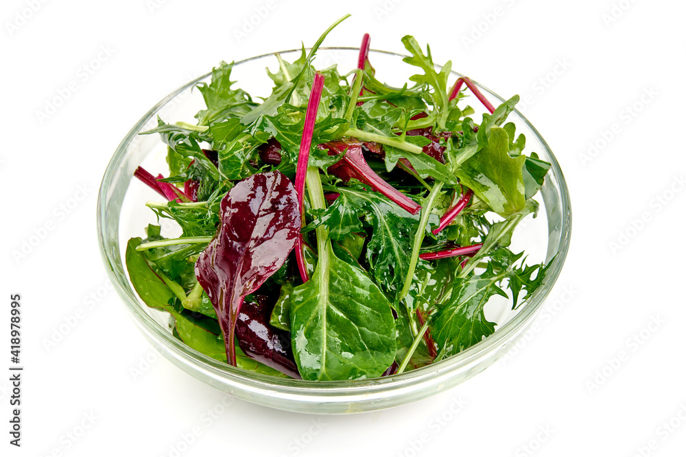 Fresh vegetarian mix salad - arugula, spinach and red spinach, isolated on white background. High resolution image Fresh vegetarian mix salad - arugula, spinach and red spinach, isolated on white background. High resolution image