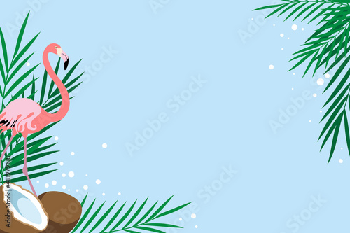 Coconut, palm leaves and pink flamingo on rectangular frame. Copy space for design. Flat style.