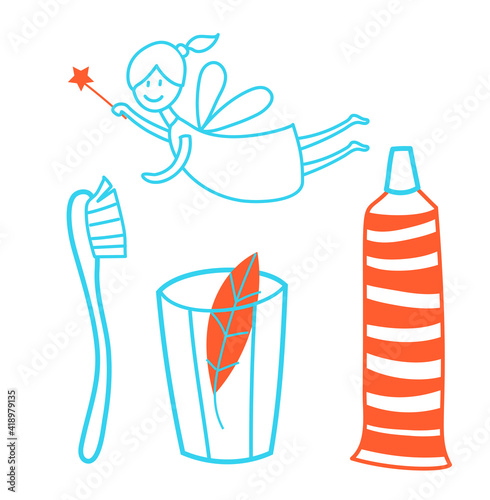 Tooth Fairy with toothbrush and toothpaste simple outline hand drawn icon design. Pediatric stomatology clinic icons. Dental care vector illustration for children.