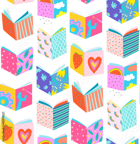 Reading studying books, colorful collage or paper cut style book covers, seamless pattern pop art design. Lifestyle reading hobby seamless background for wrapping papers, modern simple vector design.