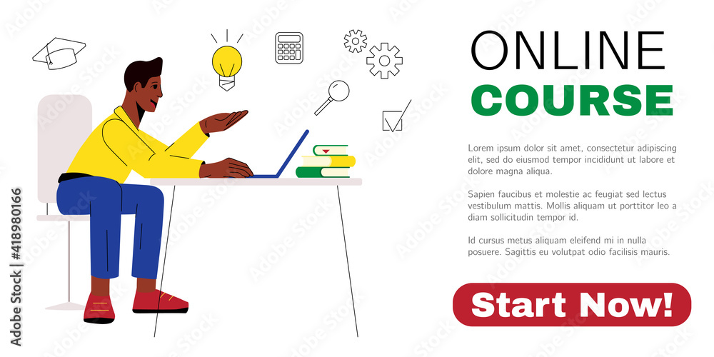 Banner for online education ad. Man taking online courses via laptop. Virtual graduation, webinar, distance learning concepts. Advertisement for web or social media. Vector illustration Banner for online education ad. Man taking online courses via laptop. Virtual graduation, webinar, distance learning concepts. Advertisement for web or social media. Vector illustration
